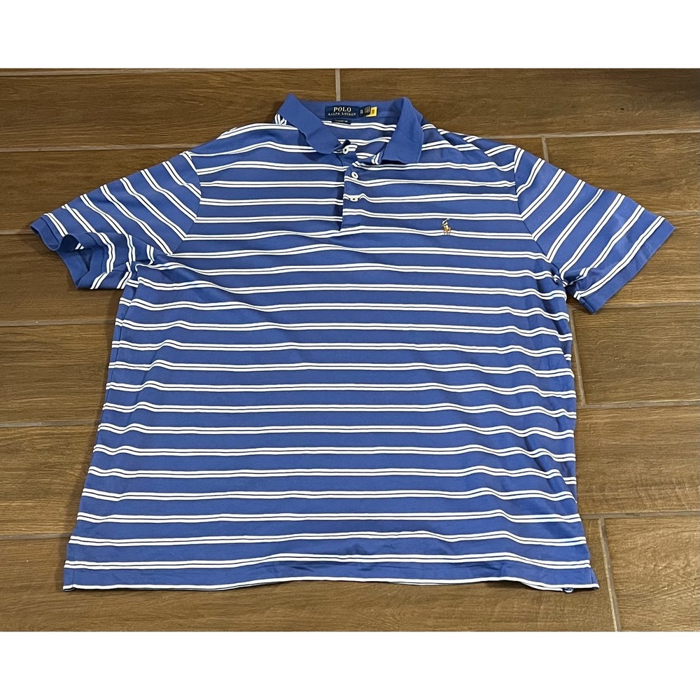 Polo Ralph Lauren Mens XL Classic Fit Blue White Striped Short Sleeve Polo Shirt